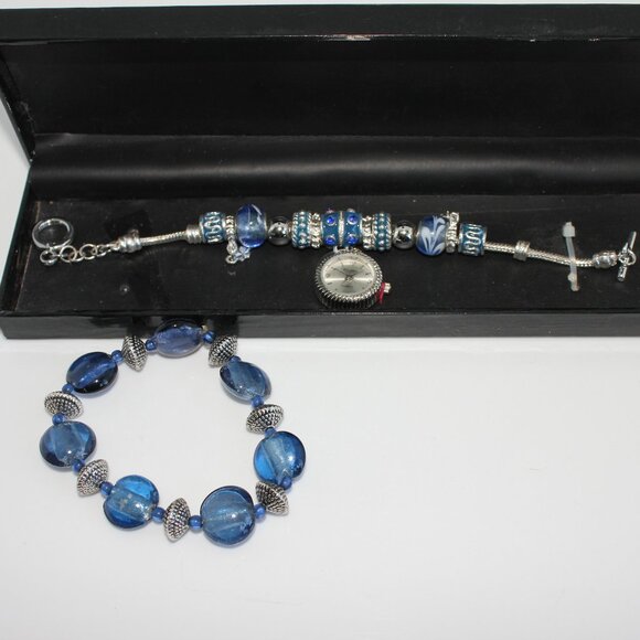 Figaro Couture Quartz Watch Bracelet And Matching Stretch Bracelet Blue/Silver🌻 - Picture 1 of 9